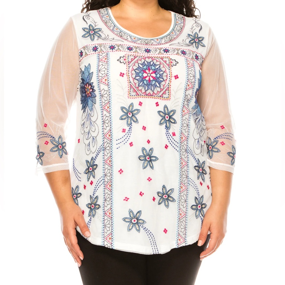 White and Pink Graphic Blouse with 3/4 Sleeves
